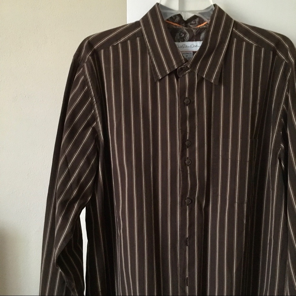 100% Cotton Quiksilver  Brown Vertical Stripe Koi Fish Long Sleeve Dress Shirt